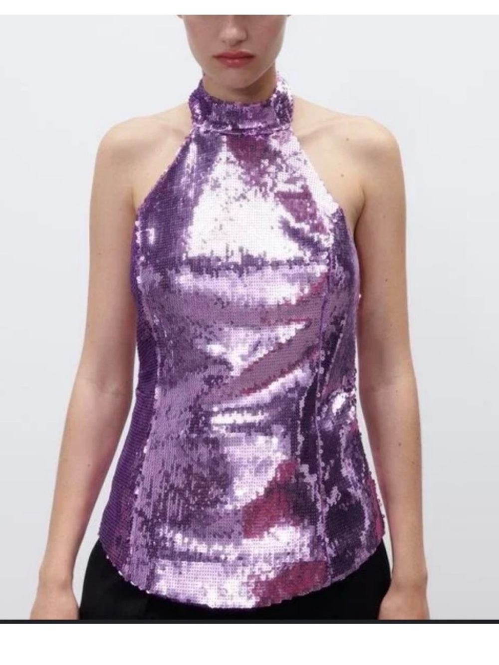 Zara Metallic Purple Sequin Halter Tank Top